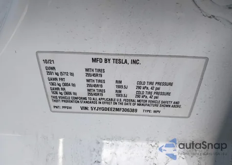 2021 Tesla Model Y Long Range Dual Motor All-Wheel Drive from USA, damaged, VIN 5YJYGDEE2MF306389
